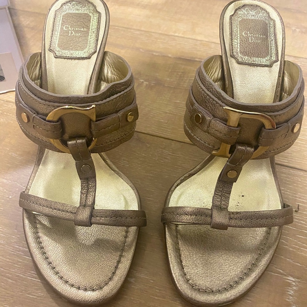 Dior Gold Metallic Leather Slide ID Logo Heels